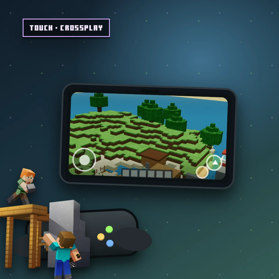 Landscape blocky phone with Minecraft touch controls and a controller showing the HenryGetz island, with Alex and Steve building in the foreground for crossplay.